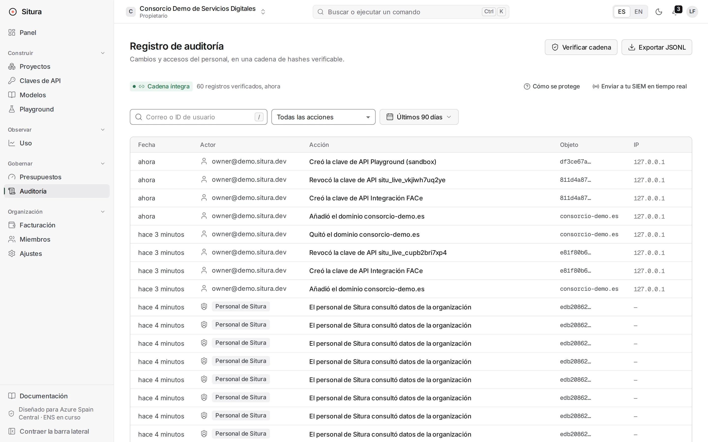 Auditoría — Cadena de hashes verificable desde la consola, incluidos los accesos del personal de Situra con su motivo. Exportable en JSONL.