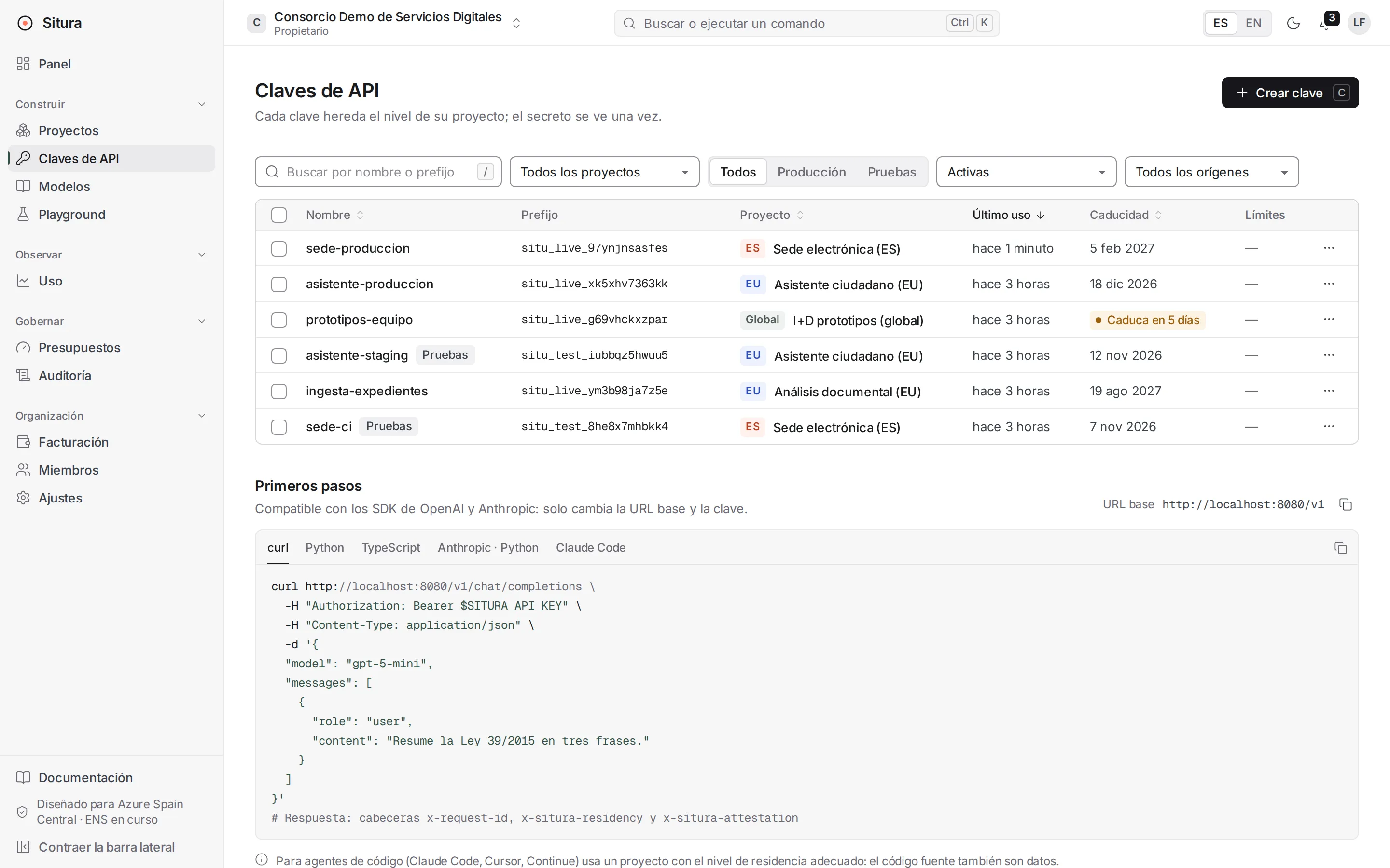 Claves de API — Claves por proyecto con caducidad obligatoria, límites y lista de modelos. El secreto se muestra una sola vez.