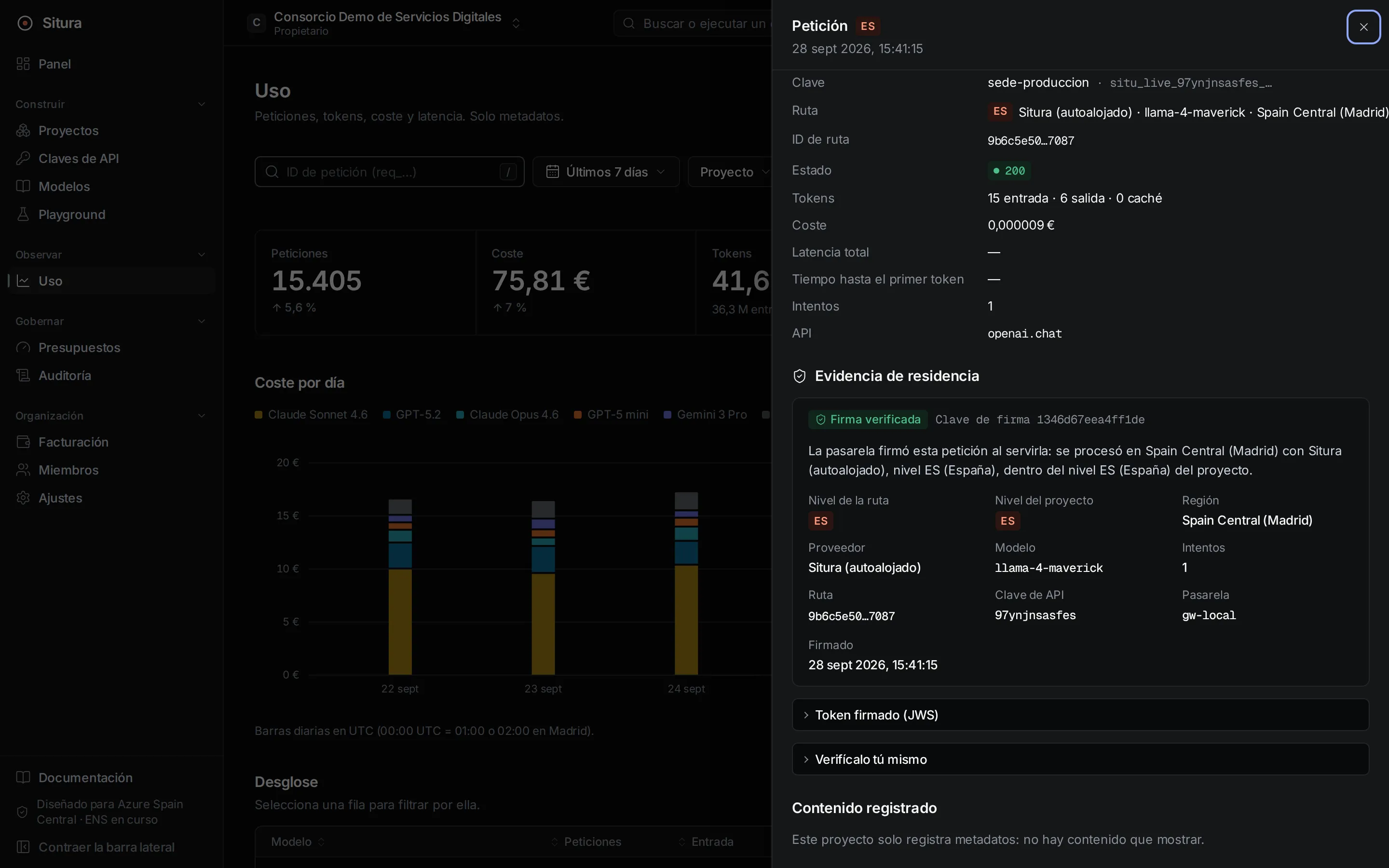 Detalle de petición — Metadatos por petición —ruta, residencia, tokens, coste, latencia, intentos— sin contenido salvo que el proyecto lo active.