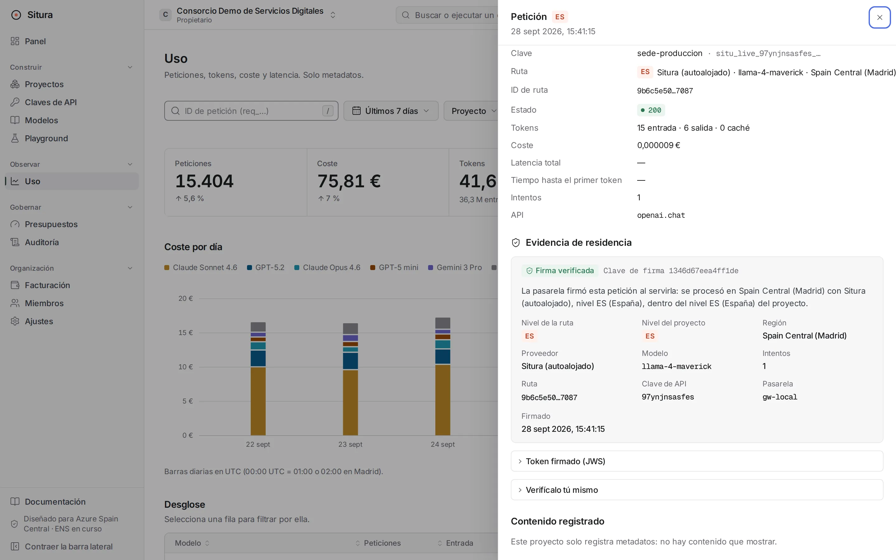 Detalle de petición — Metadatos por petición —ruta, residencia, tokens, coste, latencia, intentos— sin contenido salvo que el proyecto lo active.